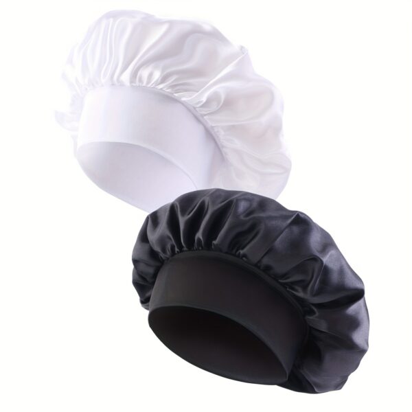 2pcs/set Solid Color Satin Bonnet Classic Elastic Sleeping Night Cap Soft Bath Shower Cap Imitation Silk Elastic Hair Bonnets For Women - Image 3