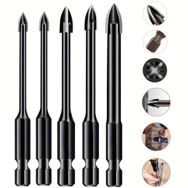 5pcs High-efficiency Universal Drilling Tool, Hexagonal Shank Cross Reaming Triangular Drill Bit, Glass Ceramic Woodworking Electric Tool, Hard Alloy Rust Proof Accessory, Cross Spear Head Drill Bit 3/4/5/6/8mm
