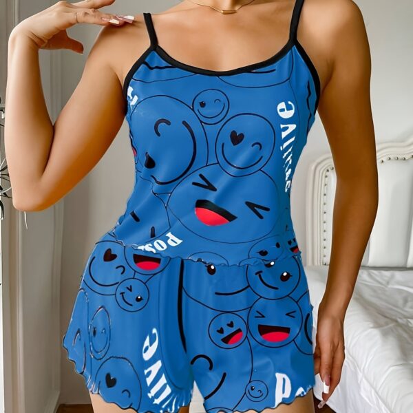 Smiling Face Print Pajama Set, Cute Round Neck Backless Cami Top & Elastic Shorts, Women's Sleepwear - Image 19