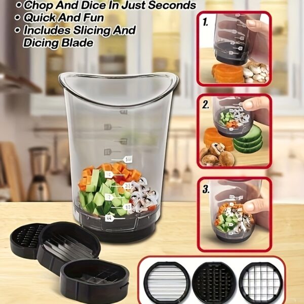 3-in-1 Manual Vegetable Chopper & Slicer Cup - Carbon Steel Blades, Dishwasher Safe, Multi-Function Kitchen Tool for Slicing, Dicing, and Measuring - Perfect for Onions, Mushrooms, and More, Vegetable Slicer And Chopper - Image 7