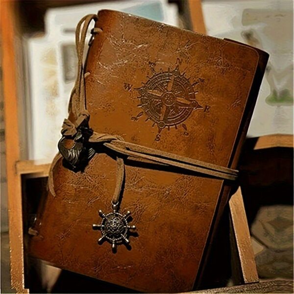 Vintage Leather Journal Notebook with Matte Finish and Plain Pages - Antique Pirate-Themed Nautical Compass Design Hardcover Writing Diary with Metal Clasp Closure and Spiral Ring Binder - Image 8