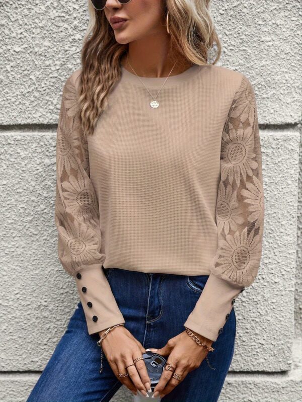 Elegant Floral Lace Crew Neck Long Sleeve T-Shirt - Soft Micro Elastic Polyester Fabric, Contrast Lace Details, Solid Color, Regular Length, Perfect for Spring & Fall - Womens Classic Knit Top - Image 8