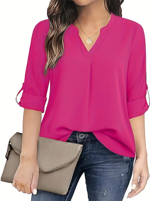 Chic Solid V-Neck Blouse - Fashionable simplicity for Women - Relaxed Casual Long Sleeve Style - Image 10