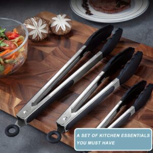 1PC Tongs For Cooking, Kitchen Tongs With Silicone Tips, High Heat Resistant Locking Tongs, Heavy Duty, Great Grips, 7, 9, 30.48 Cm, Black
