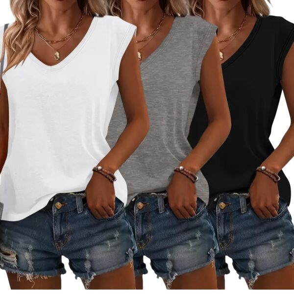 3pcs Women's Casual V-Neck Short Sleeve T-Shirts - Lightweight Summer Tops in Pink, Blue, Grey | Breathable Solid Color Tees for Casual Attire, Relaxed Fit Clothing, Versatile Fashion, Soft Texture, Warm Weather Outfits, Simple Design, Comfortable Materia - Image 12
