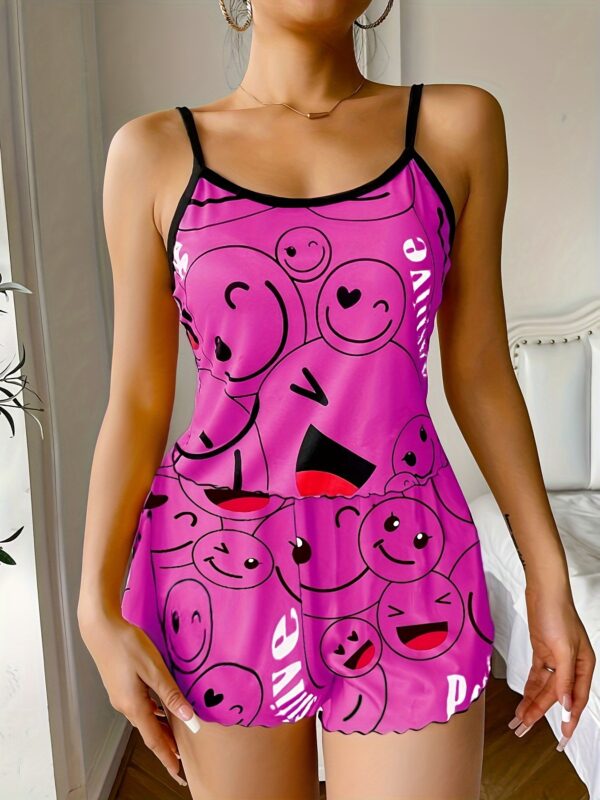 Smiling Face Print Pajama Set, Cute Round Neck Backless Cami Top & Elastic Shorts, Women's Sleepwear