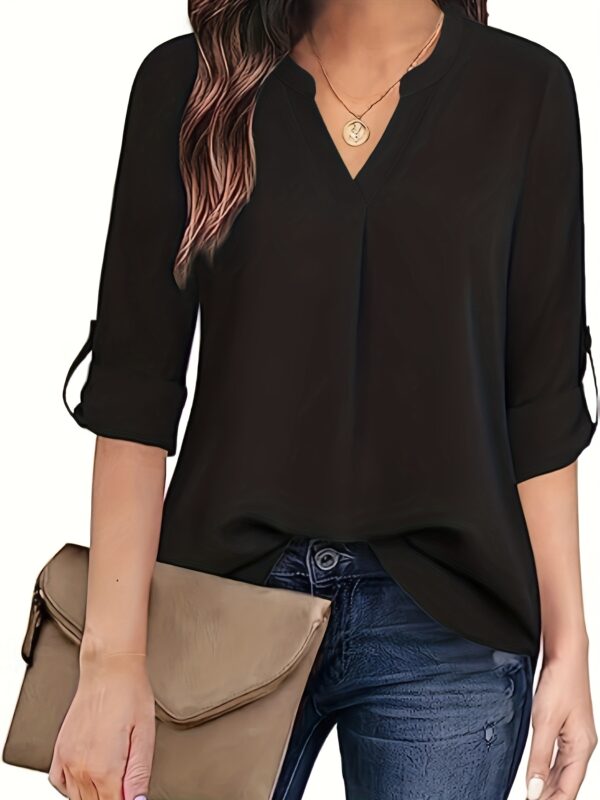 Chic Solid V-Neck Blouse - Fashionable simplicity for Women - Relaxed Casual Long Sleeve Style - Image 6
