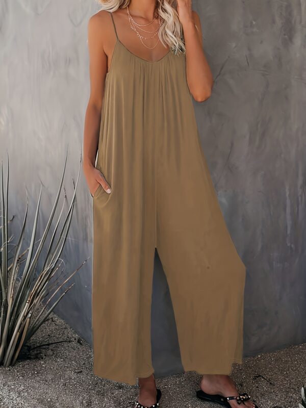 Women'S Light Blue Sleeveless Jumpsuit with Pockets - Casual Polyester Knit Fabric, V-Neck, Summer 2023, Beach Coverup, Beach Coverup Jumpsuit | Casual Style Jumpsuit | Knit Construction - Image 5