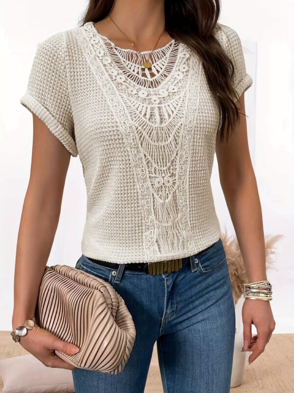 Comfortable Lace Splicing Crew Neck T-shirt, Casual Short Sleeve Top for Spring & Summer, Women's Clothing - Image 7