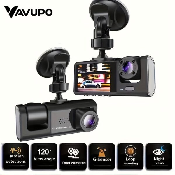 Vavupo 1080P 2&3 Channel Dash Cam for Cars - Front, Inside & Rear View with IR Night Vision, Loop Recording, Wide Angle Lens, and 5.08cm IPS Display