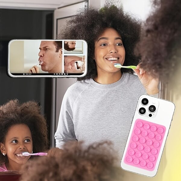 Adhesive Silicone Mobile Phone Holder with Suction Cup, Adhesive Silicone Hands-free Mirror Shower Phone Mount for Selfies and Videos (2 Colors Available) - Image 6