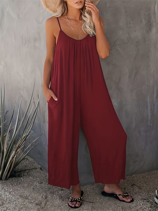 Women'S Light Blue Sleeveless Jumpsuit with Pockets - Casual Polyester Knit Fabric, V-Neck, Summer 2023, Beach Coverup, Beach Coverup Jumpsuit | Casual Style Jumpsuit | Knit Construction - Image 4
