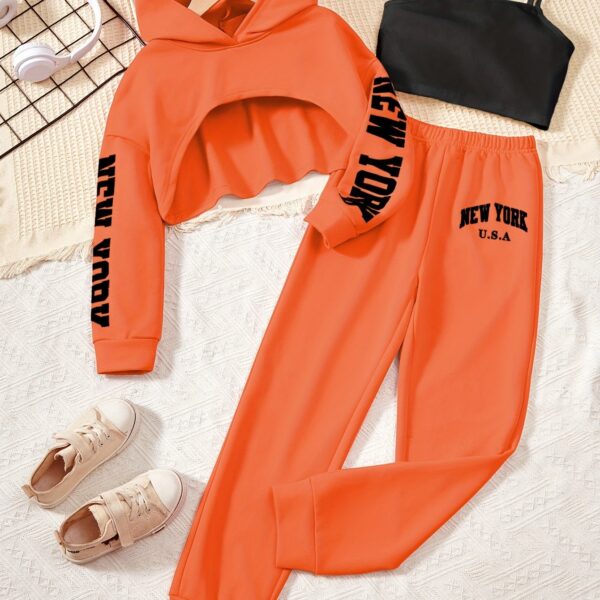 3pcs Girl's Crop Hoodie & Cami Top & Sweatpants Set, NEW YORK Print, Long Sleeve, Casual, Trendy Outfit for Spring Fall Winter - Image 18