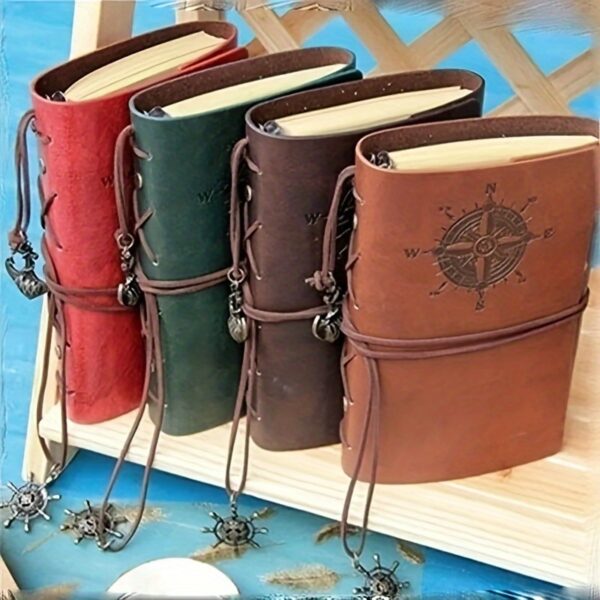 Vintage Leather Journal Notebook with Matte Finish and Plain Pages - Antique Pirate-Themed Nautical Compass Design Hardcover Writing Diary with Metal Clasp Closure and Spiral Ring Binder - Image 2