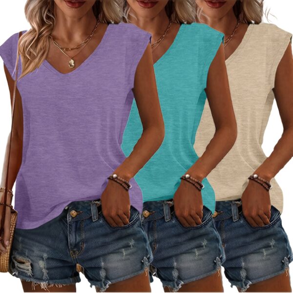 3pcs Women's Casual V-Neck Short Sleeve T-Shirts - Lightweight Summer Tops in Pink, Blue, Grey | Breathable Solid Color Tees for Casual Attire, Relaxed Fit Clothing, Versatile Fashion, Soft Texture, Warm Weather Outfits, Simple Design, Comfortable Materia - Image 16