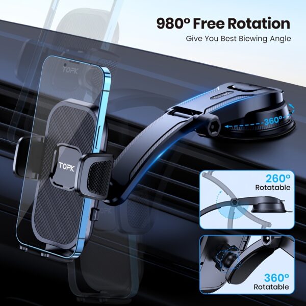 TOPK D38-C Car Phone Holder Mount, Upgraded Adjustable Horizontally And Vertically Cell Phone Holder For Car Dashboard Compatible With All Phones - Image 3