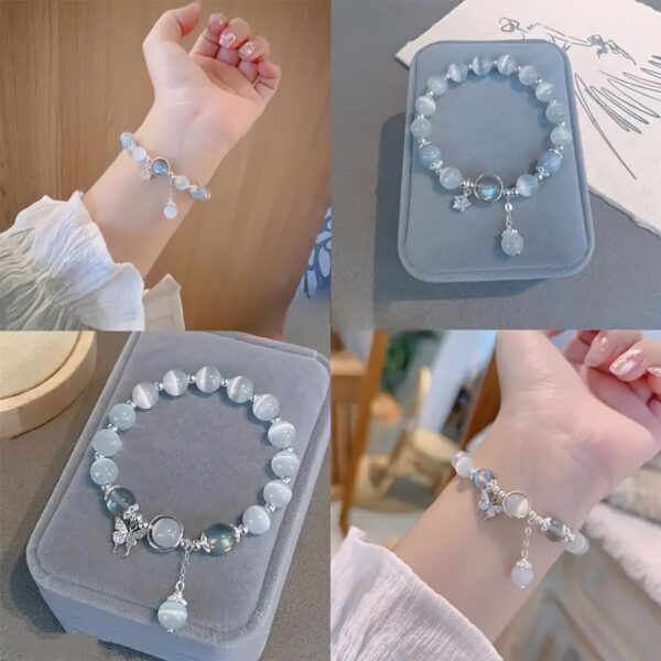 1pc Whimsical Feline Glass Cat Eye Stone Beaded Charm Bracelet - Delicate Butterfly Accent, Dainty Wrist Adornment, Perfect Gift for Cat Lovers and Fashionistas - Image 5