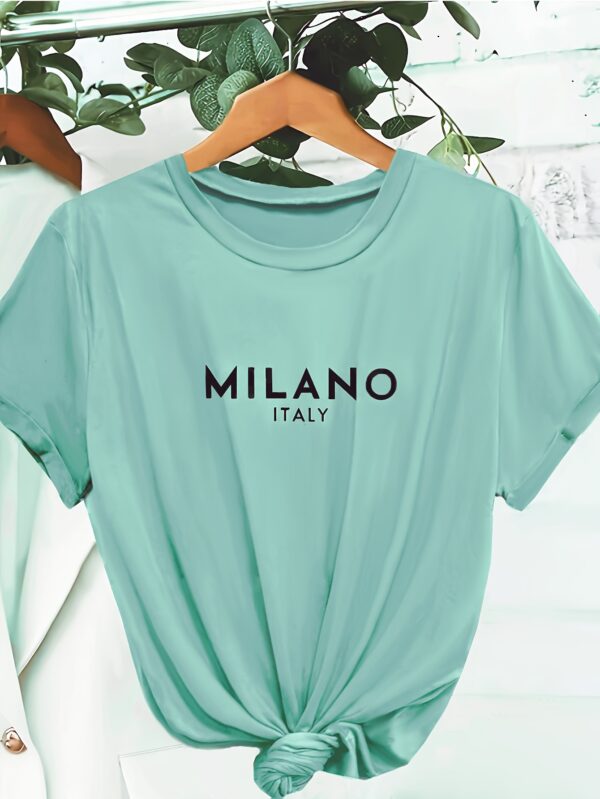Milano Letter Print T-shirt, Casual Crew Neck Short Sleeve Top For Spring & Summer, Women's Clothing - Image 5
