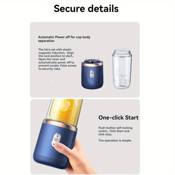 400ml Portable Electric Juicer Blender Cup, Wireless Rechargeable Mini Juice Mixer with 6-Blade Dual Cup for Smoothies, Vegetables, and Fruits, Push Button Control, USB-C Charging, Food-Grade ABS, Non-Heating, 1500mAh Lithium Battery - Image 7