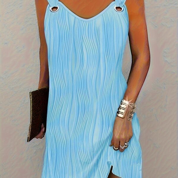 Wavy Stripe Solid Dress, Casual V Neck Sleeveless Mini Dress, Women's Clothing - Image 14