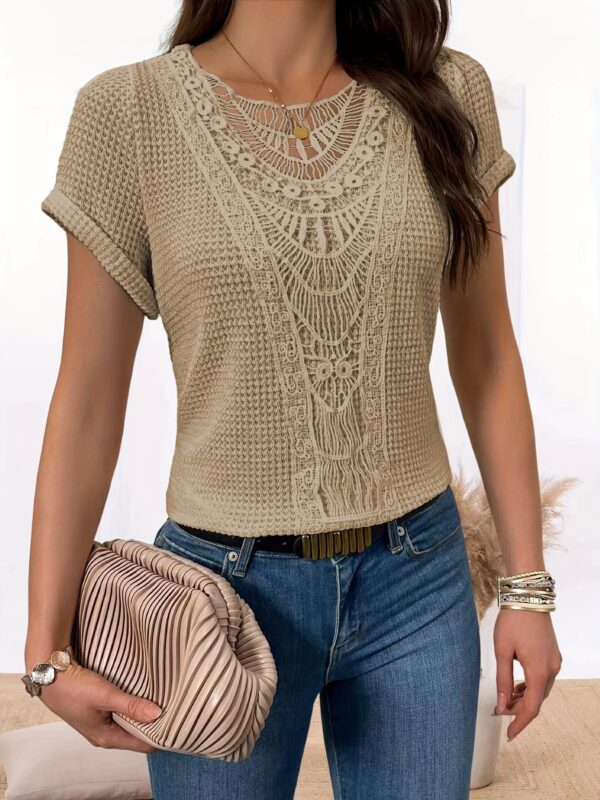 Comfortable Lace Splicing Crew Neck T-shirt, Casual Short Sleeve Top for Spring & Summer, Women's Clothing - Image 2
