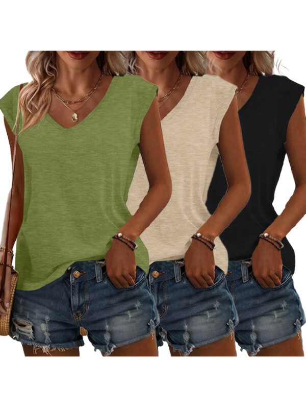 3pcs Women's Casual V-Neck Short Sleeve T-Shirts - Lightweight Summer Tops in Pink, Blue, Grey | Breathable Solid Color Tees for Casual Attire, Relaxed Fit Clothing, Versatile Fashion, Soft Texture, Warm Weather Outfits, Simple Design, Comfortable Materia - Image 7