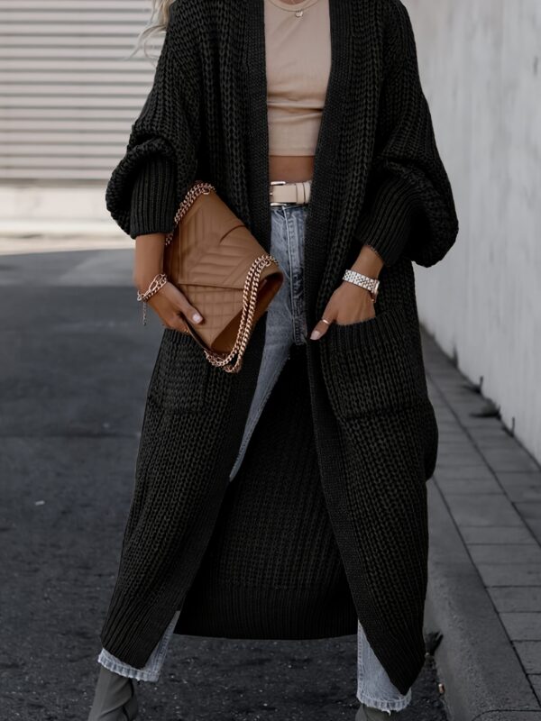 Solid Open Front Pocket Cardigan, Casual Long Sleeve Long Length Sweater For Fall & Winter, Women's Clothing - Image 2