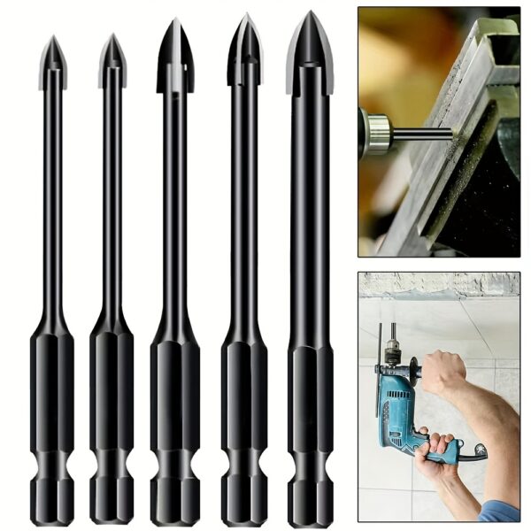 5pcs High-efficiency Universal Drilling Tool, Hexagonal Shank Cross Reaming Triangular Drill Bit, Glass Ceramic Woodworking Electric Tool, Hard Alloy Rust Proof Accessory, Cross Spear Head Drill Bit 3/4/5/6/8mm - Image 2