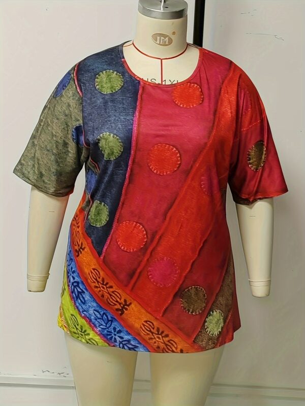 Plus Size Boho T-shirt, Women's Plus Graphic Print Short Sleeve Round Neck Medium Stretch T-shirt - Image 7