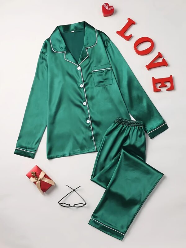 Solid Pajama Set, Long Sleeve Button Up Lapel Top & Pants Pj Set, Women's Sleepwear & Loungewear - Image 5