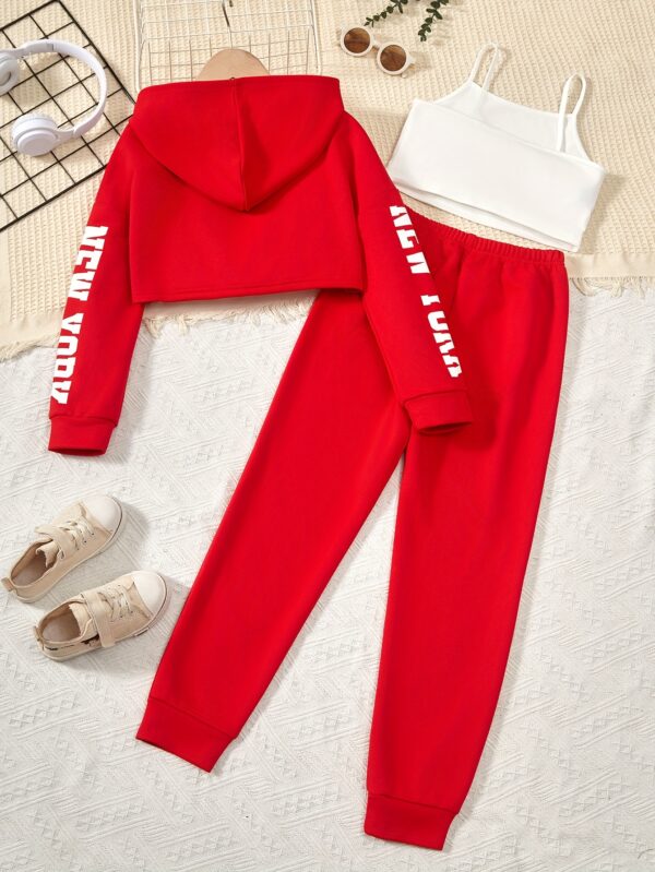 3pcs Girl's Crop Hoodie & Cami Top & Sweatpants Set, NEW YORK Print, Long Sleeve, Casual, Trendy Outfit for Spring Fall Winter - Image 9