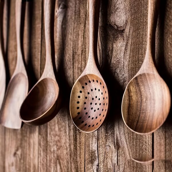 AIUHI 5pcs Wooden Kitchen Utensils Set, Wooden Spoons Natural Spurtle Set for Non-stick Pan Kitchen Tool Ladle and Wok Spatulas - Image 6