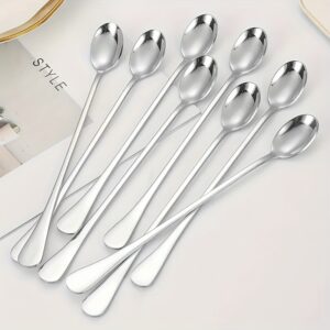 Set Of 8 Stainless Steel Long-handled Spoons For Ice Tea, Coffee, Ice Cream, Dishwasher Safe, Kitchen Accessories