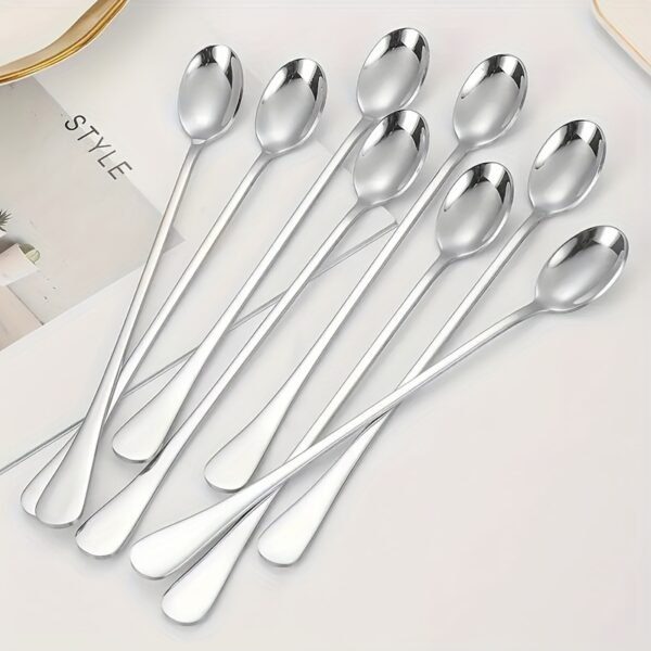 Set Of 8 Stainless Steel Long-handled Spoons For Ice Tea, Coffee, Ice Cream, Dishwasher Safe, Kitchen Accessories