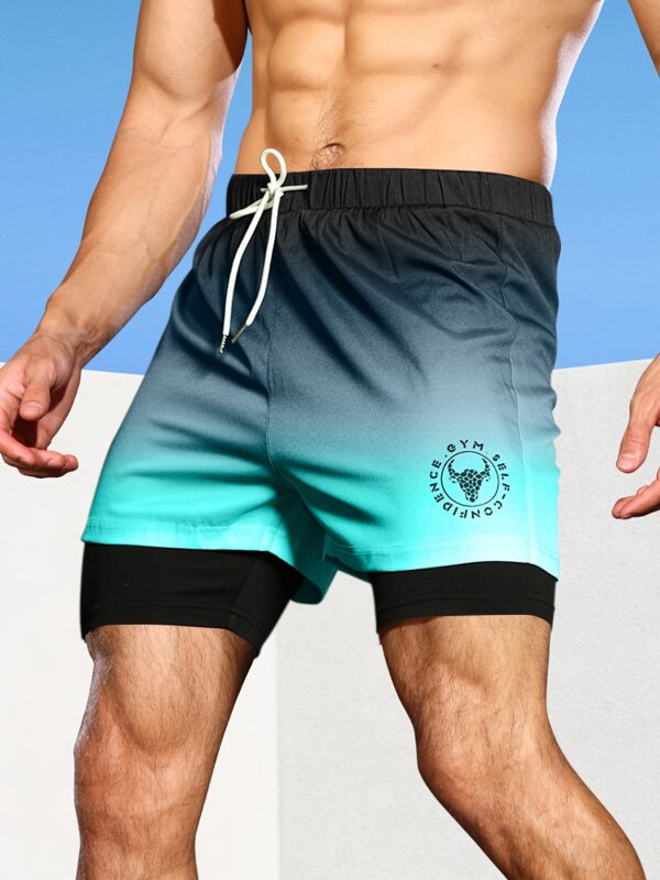 Men's Gradient Athletic Shorts - Summer Gym & Sports Gear, Breathable Polyester-Spandex Blend, Adjustable Drawstring, Dual-Color Design with "Gym Sports" Print - Image 6