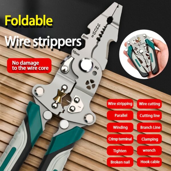 Foldable Multi-Tool Pliers for Electricians - Durable High Carbon Steel with Wire Strippers, Cutters, and Crimper - Compact Design for On-the-Go Electrical Work - Green & Gray Handles, Versatile Strippers | Ergonomic Handles | Multifunctional Tool - Image 4