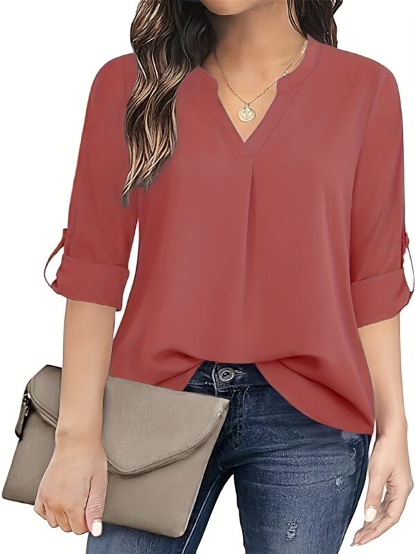 Chic Solid V-Neck Blouse - Fashionable simplicity for Women - Relaxed Casual Long Sleeve Style - Image 8