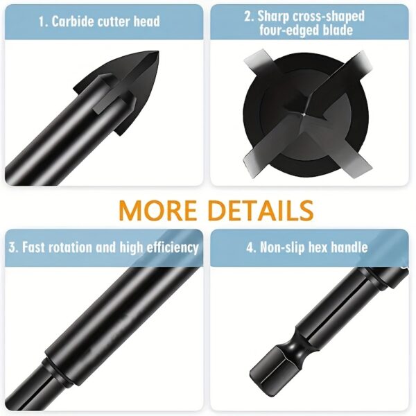 5pcs High-efficiency Universal Drilling Tool, Hexagonal Shank Cross Reaming Triangular Drill Bit, Glass Ceramic Woodworking Electric Tool, Hard Alloy Rust Proof Accessory, Cross Spear Head Drill Bit 3/4/5/6/8mm - Image 9