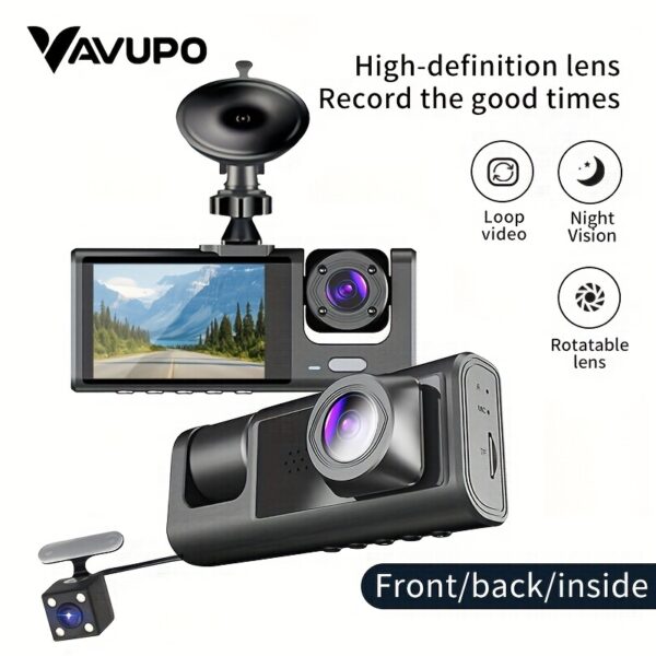 Vavupo 1080P 2&3 Channel Dash Cam for Cars - Front, Inside & Rear View with IR Night Vision, Loop Recording, Wide Angle Lens, and 5.08cm IPS Display - Image 7