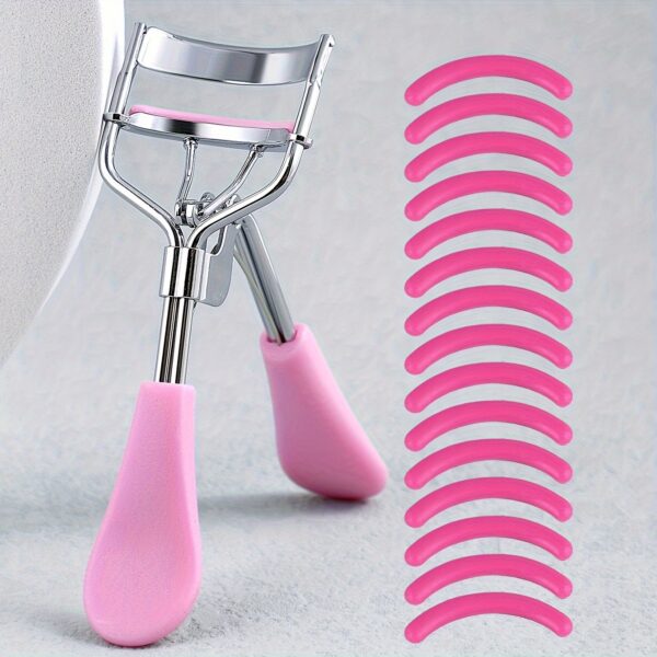 1 Portable Stainless Steel Eyelash Curler with 15 Silicone Pads for Women - No Damage, Lifting, and Shaping for Big Eyes - Image 7