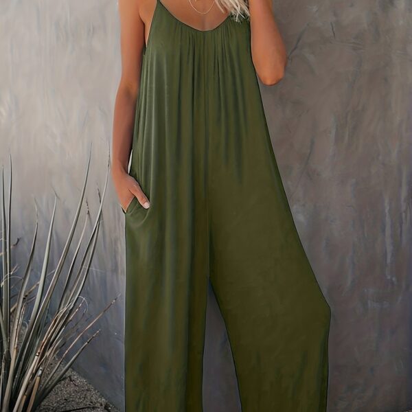 Women'S Light Blue Sleeveless Jumpsuit with Pockets - Casual Polyester Knit Fabric, V-Neck, Summer 2023, Beach Coverup, Beach Coverup Jumpsuit | Casual Style Jumpsuit | Knit Construction - Image 12