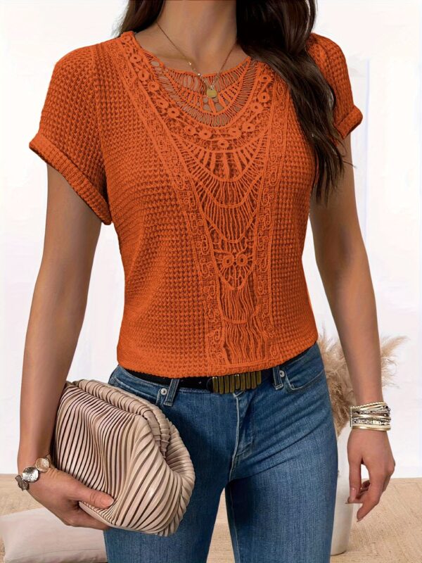 Comfortable Lace Splicing Crew Neck T-shirt, Casual Short Sleeve Top for Spring & Summer, Women's Clothing