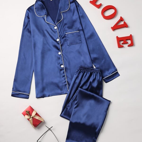 Solid Pajama Set, Long Sleeve Button Up Lapel Top & Pants Pj Set, Women's Sleepwear & Loungewear - Image 24