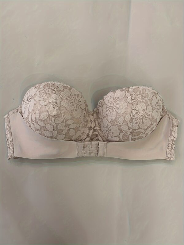 Solid Floral Lace Semi Sheer Strapless Underwire Bandeau, Sexy Comfy Push Up Front Closure Bra, Women's Lingerie & Underwear - Image 4