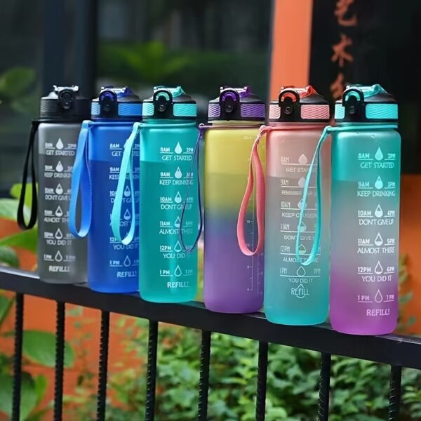 1000ml Gradient Sports Water Bottle with Straw - Leak-proof, Marked Scale, & Frosted Grip for Fitness Enthusiasts