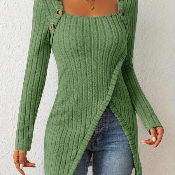 Square Neck Slim Fit Knit Button Decor Slit Hem Slim Fit Casual Long Sleeve T-shirt - Image 15