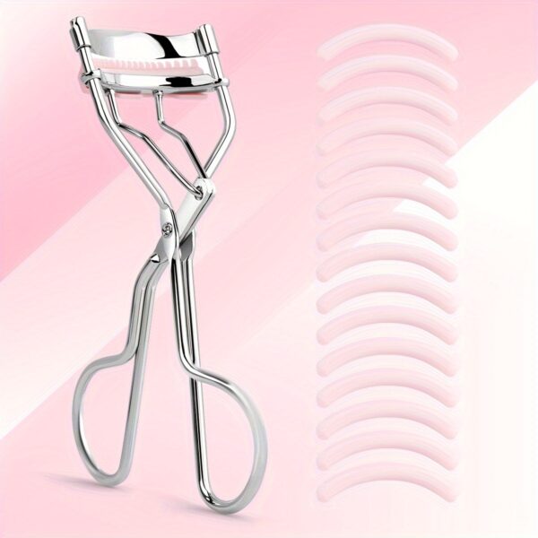 1 Portable Stainless Steel Eyelash Curler with 15 Silicone Pads for Women - No Damage, Lifting, and Shaping for Big Eyes - Image 9