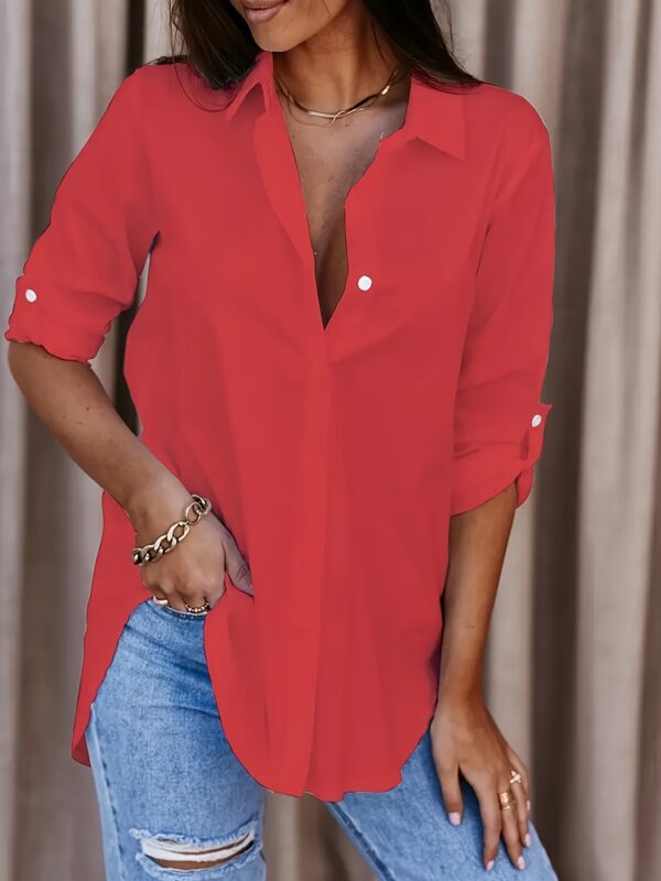 Solid Button Front Shirt, Casual Turn Down Collar Office Work Shirt, Women's Clothing - Image 5