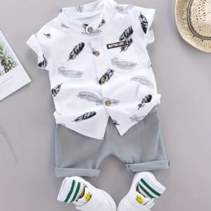 2pcs Baby Boys Casual Feather Pattern Short Sleeve Shirt & Shorts Set Clothes