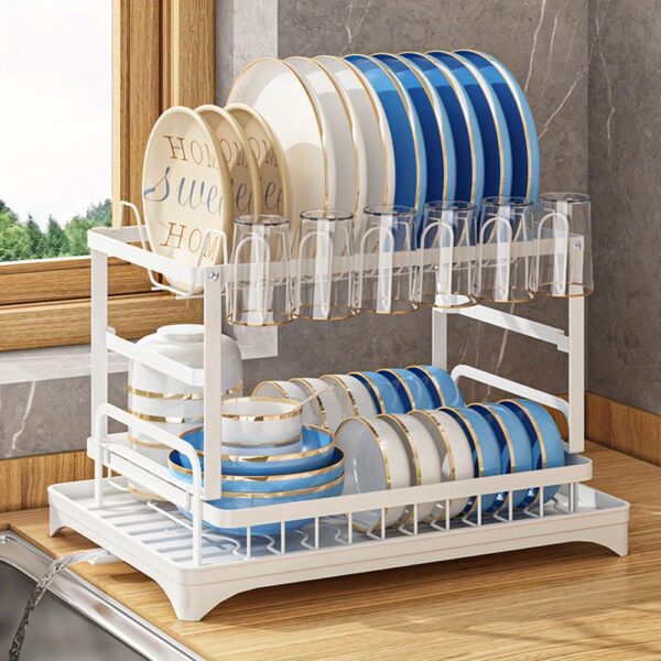 1pc Dish Drying Rack for Kitchen Counter Over The Sink, Detachable Larger Capacity 2-Tier Dish Drying Rack Drainboard with Double-Layer Bowl Rack, Cup Rack, Drain Board, Sticky Board Rack, Cutlery Rack, Black & White - Image 9